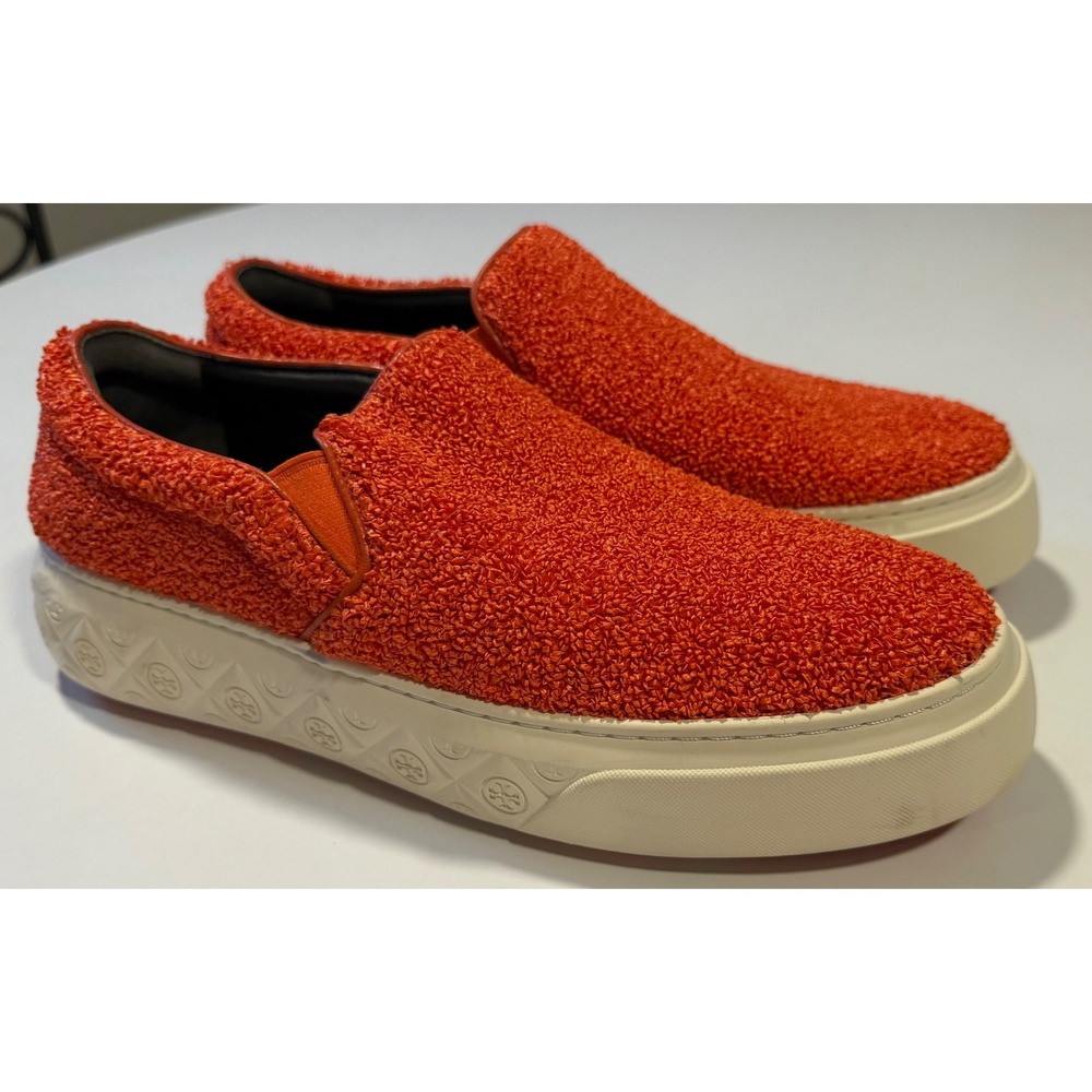 Tory Burch Ladybug Orange Raffia Leather Slip On Platform Sneakers 9.5M 8913